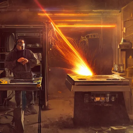 Image similar to cyborg toaster oven repairman, dark messy smoke - filled cluttered workshop, dark, dramatic lighting, orange tint, sparks, plasma rays, cinematic, highly detailed, sci - fi, futuristic, movie still, rule of thirds composition