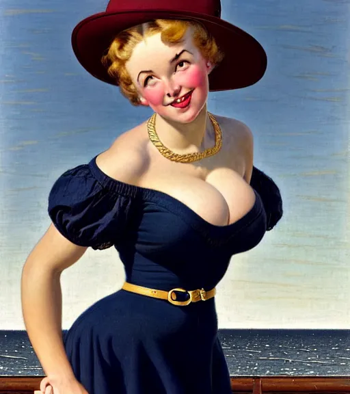 Prompt: a beautiful plump young lady holding a purse standing on a wharf at the edge of the sea by gil elvgren and william blake and norman rockwell, crisp details, hyperrealism, smiling, happy, feminine facial features, stylish navy blue heels, gold chain belt, cream colored blouse, maroon hat, windblown