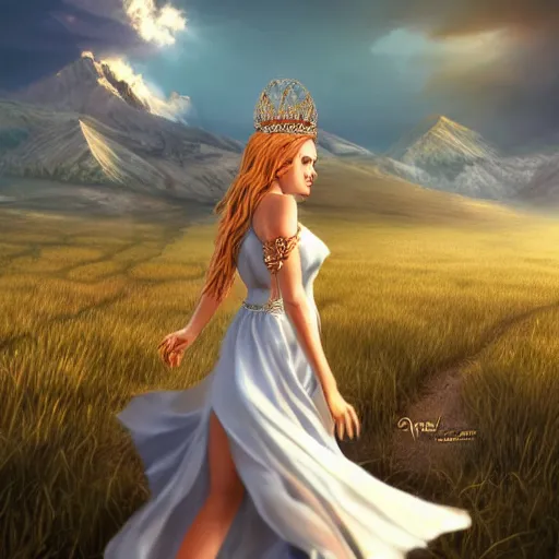 Image similar to a radiant greek mythology goddess walking in a beautiful field, mountains in the distance, jewelry, crown, confident, gorgeous, stunning, dramatic lighting, detailed, very realistic, trending on Artstation, Cgsociety