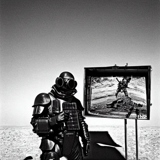 Prompt: a heavily armored man wearing a hazmat suit and gasmask, in the desert, surrealist structures in background, film still, arriflex 3 5