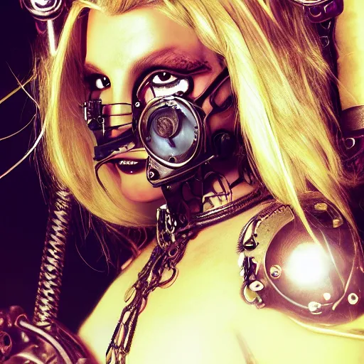 Image similar to britney spears steampunk cyborg, fantasy, sharp focus, contemporary fashion shoot, by edward robert hughes, annie leibovitz and steve mccurry, david lazar, jimmy nelsson, extremely detailed, hyperrealistic, perfect face, octane render