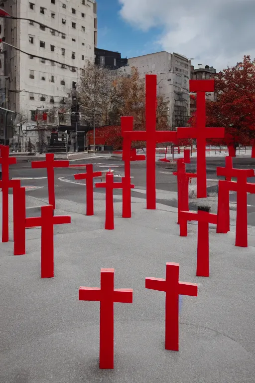 Prompt: Three giant red crosses in the center of a city