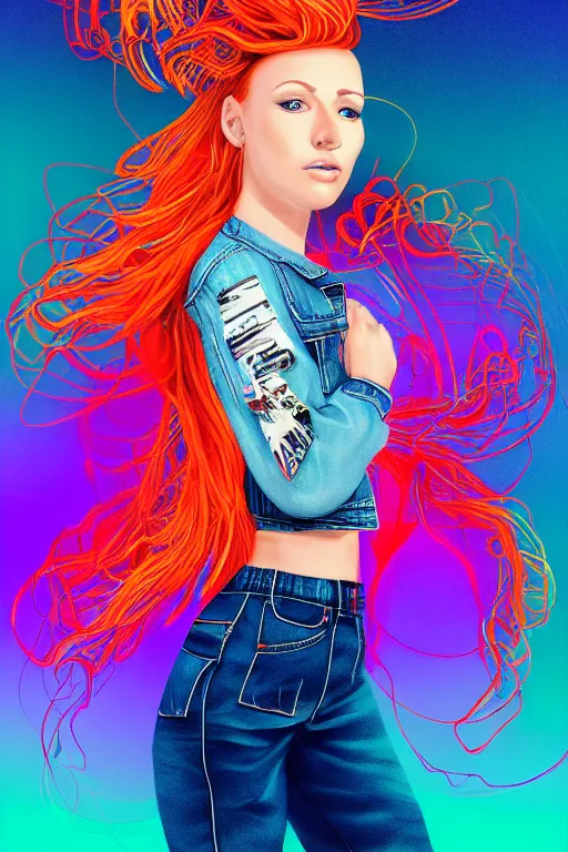 Image similar to a award winning half body portrait of a beautiful woman with stunning eyes in a croptop denim jacket and cargo pants with ombre red orange teal hairstyle head in motion and hair flying while dancing by thomas danthony, surrounded by whirling illuminated lines, outrun, vaporware, shaded flat illustration, digital art, trending on artstation, highly detailed, fine detail, intricate