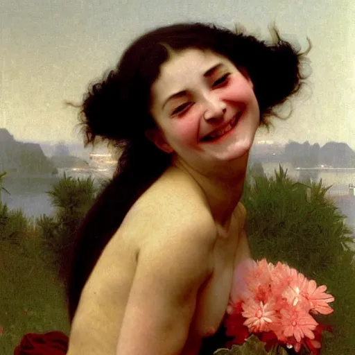 Image similar to woman so happy, her face hurts, by bouguereau