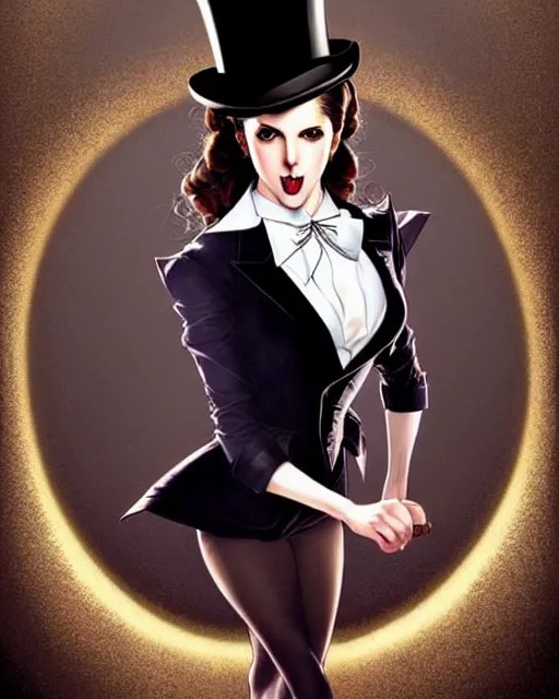 Image similar to beautiful Anna Kendrick Zatanna DC Comics floating on stage, wearing a top hat, symmetrical face symmetrical eyes, smiling, fantasy, intricate details, atmospheric, elegant, concept art, art by artgerm koyoharu gotouge, Norman Rockwell