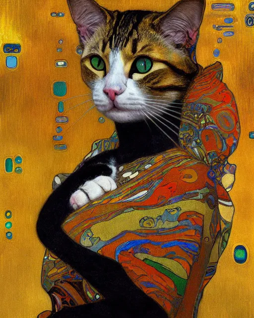 Image similar to cat meditation portrait an oil painting splashes with many colors and shapes by gustav klimt greg rutkowski and alphonse mucha, polycount, generative art, psychedelic, fractalism, glitch art