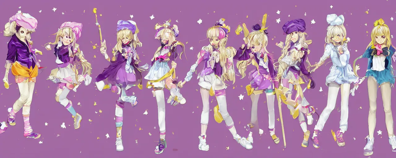 Prompt: A character sheet of full body cute magical girls with short blond hair wearing an oversized purple Beret, Baggy Purple overall shorts, Short Puffy pants made of silk, pointy jester shoes, a big billowy scarf, Golden Ribbon, and white leggings Covered in stars holding a paintbrush. Short Hair. Sunlit. Haute Couture. An artist\'s clothes. Art by william-adolphe bouguereau and Paul Delaroche and Alexandre Cabanel and Lawrence Alma-Tadema and Johannes Helgeson and WLOP. Smooth. Elegant. Highly Detailed. Intricate. 4K. UHD. Denoise.