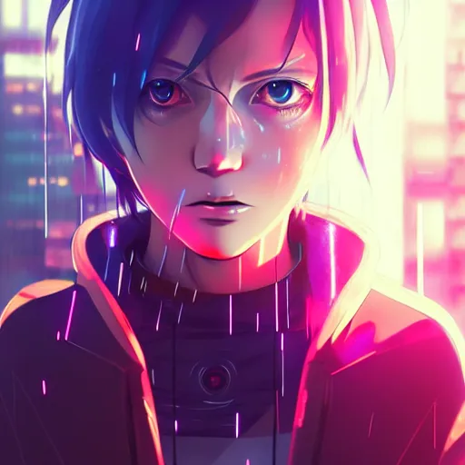 Image similar to cyberpunk anime art, refractions on lens, mark hamill as a beautiful cyborg girl in the style of arcane, full round face, biomechanical details, full body shot, rain, wet street, window reflections, lens flare, wlop, ilya kuvshinov, artgerm, krenz cushart, greg rutkowski