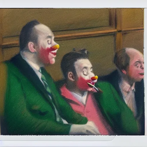 Image similar to a polaroid of a highly detailed beautiful portrait close up hyper realistic photograph of british members of parliament in the house of commons wearing pastel coloured clown costumes, they are smoking cannabis. without visible brushstrokes but in the style of edward hopper, richard hamilton. concept art. green leather benches. photographic. concept. crisp. no artefacts. desaturated. high fidelity facial portrait. 8 k