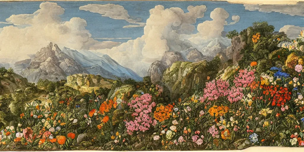 Image similar to mountain landscape with many flowers, by mahmoud sai and maria sibylla merian, intricate, sharp focus, detailed, lively colors, sky, water