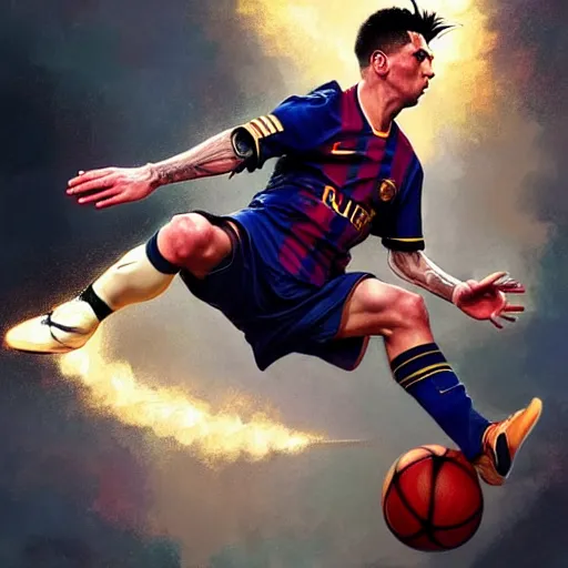 Prompt: Messi dunking on Ronaldo in basketball, D&D, fantasy, intricate, elegant, highly detailed, digital painting, artstation, concept art, matte, sharp focus, illustration, art by Artgerm and Greg Rutkowski and Alphonse Mucha