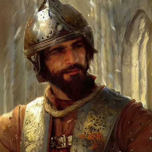 Prompt: a medieval fighter, turkish features, resting after a hard fight, happily tired, fantasy character portrait by gaston bussiere, craig mullins