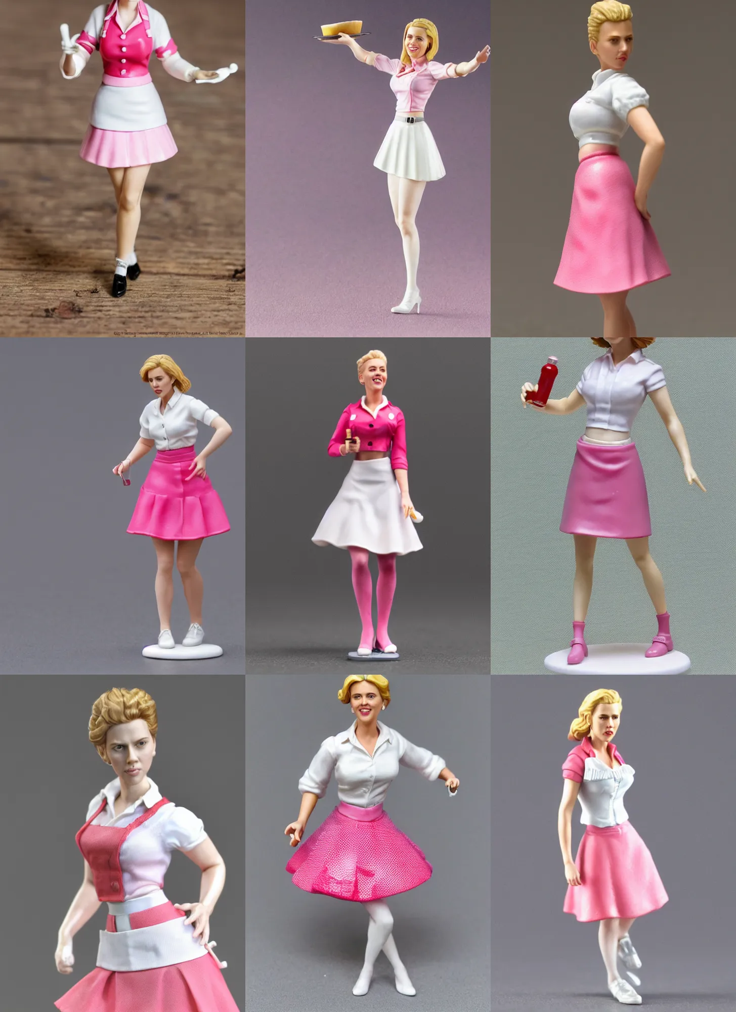 Prompt: 80mm resin detailed miniature of a Scarlett Johansson as Waitress, white blouse, Pink mini-skirt, apron, White tights, on textured base; Miniature product Photos, 4K, Full body;