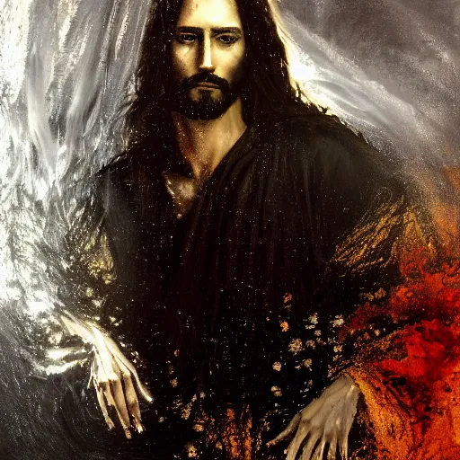 Image similar to painting of Jesus wading through a murky pool in a dark cave, surrounded by a vivid silver light, flowing royal robes with goly inlay, blood dripping from his hair, stern expression with a chiseled jaw and fiery eyes, by Jeremy Mann, stylized, detailed, realistic, loose brush strokes, intricate, cold