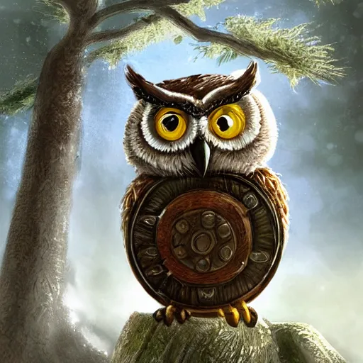 Prompt: A detailed, highly realistic anthropomorphic owl with a viking helmet and round shield standing in front of a tree, an anthropomorphic owl with a fluffy face wearing armor in front of a tree, digital art, artstation