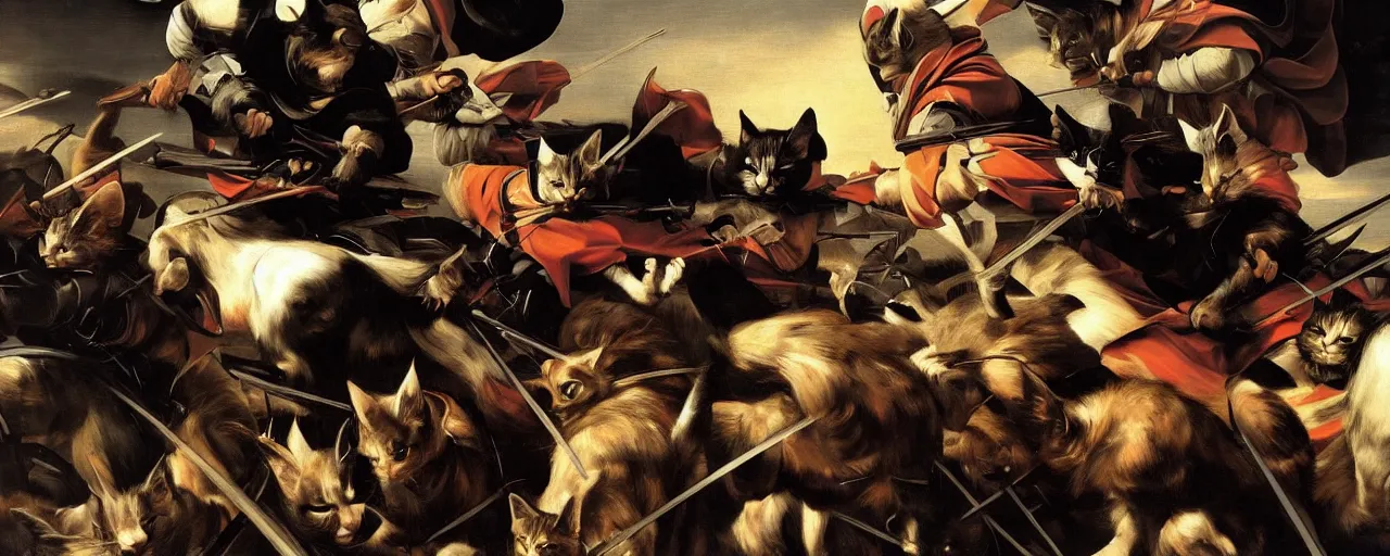 Prompt: Caravaggio painting of cat crusaders charging into battle atmospheric, artstation, high detail