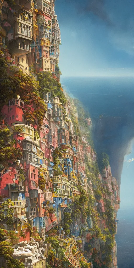 Image similar to a painting of a city built into the side of a cliff, a detailed matte painting by chris labrooy and wes anderson, cgsociety, fantastic realism, matte painting, terragen, artstation hq