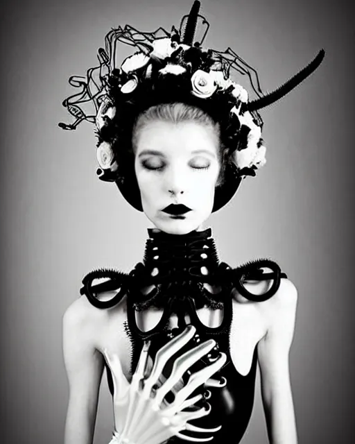 Image similar to dreamy surreal poetic black and white photo of a beautiful young bio-mechanical-female-jellyfish-cyborg-plant-plastic-robot with a very long neck and a super big gothic lace collar and a very high big floral crown with many black dry roses by Vivienne Westwood:: smoke, high fashion, haute couture, rococo, avant-garde, elegant, dreamy, hyper realistic, 150 mm lens, soft rim light, octane render, unreal engine, picture was taken in 1910 by Dora Maar, volumetric lighting, dramatic light,8k,