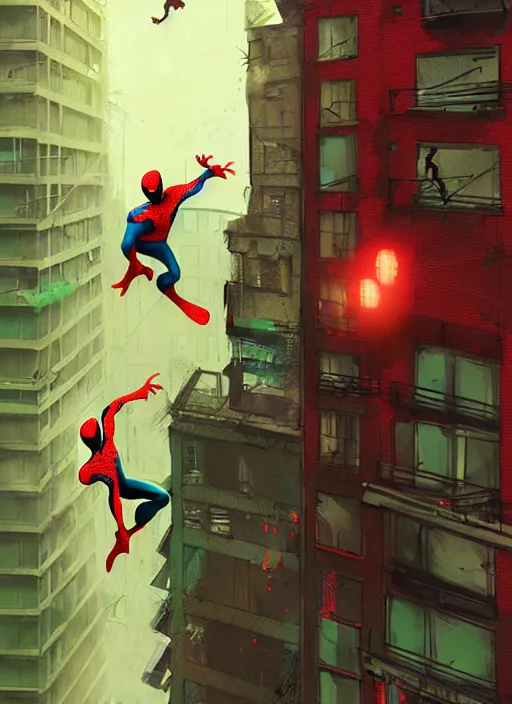 Image similar to spider - man jumping from building, red and green hour, by ismail inceoglu