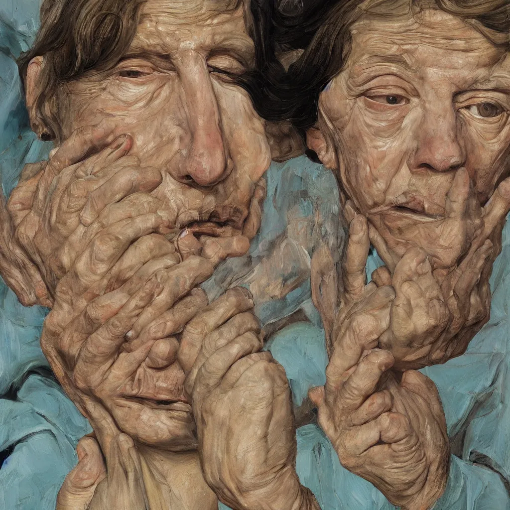 Image similar to high quality high detail painting by lucian freud, jenny savile, unsettling portrait, cream and turquoise, hd