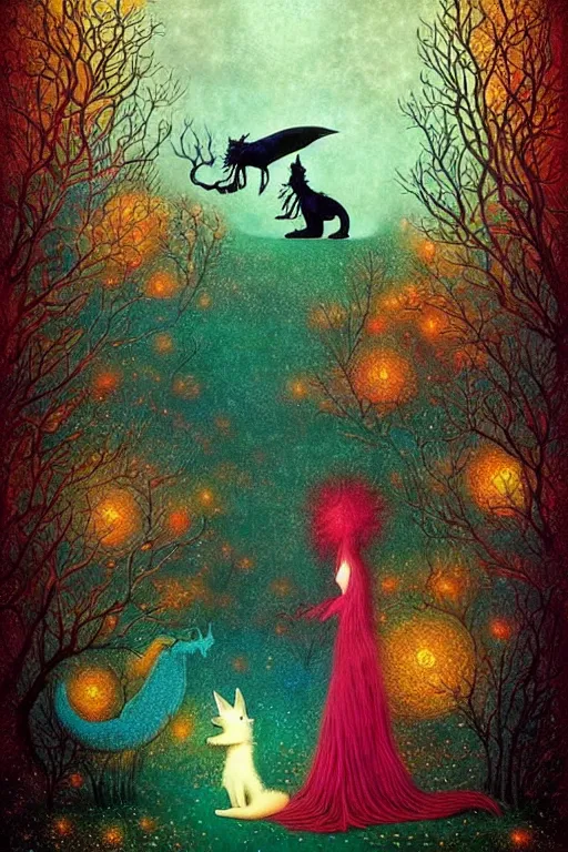 Image similar to surreal hybrid dragons and foxes, nostalgia for a fairytale, magic realism, flowerpunk, mysterious, vivid colors, by andy kehoe, amanda clarke