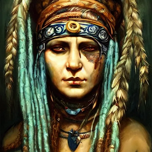 Image similar to A young blindfolded shaman woman with a decorated headband, in the style of heilung, blue hair dreadlocks and wood on her head, atmospheric lighting, intricate detail, cgsociety, ambient light, dynamic lighting, art by karol bak