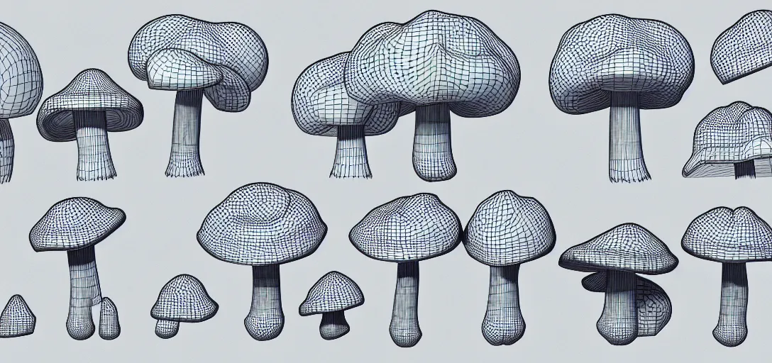 Image similar to 3 d study of a bunch of mushrooms in the forest, wireframe, detailed, octane