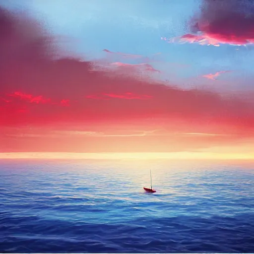 Prompt: calm sea ， boat ， sunset ， lots of clouds ， dream ， light effect ， colors tend to be blue and red ， highly detailed ， by hayao miyazaki ， by makoto shinkai ，