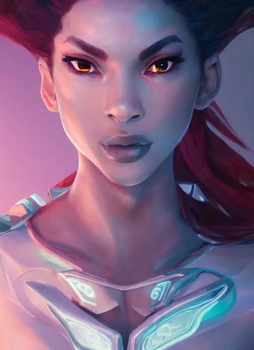 Prompt: senna from league of legends, au naturel, hyper detailed, brown skin, glowing green neon eyes, wearing white jacket, digital art, trending in artstation, cinematic lighting, studio quality, smooth render, unreal engine 5 rendered, octane rendered, art style by klimt and nixeu and ian sprigger and wlop and krenz cushart