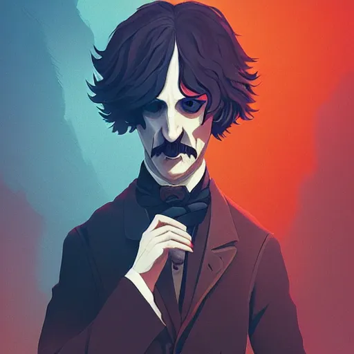 Image similar to Edgar Allan Poe as The Raven, a man with the nose of a raven, a haunting being that is part man and part bird, his nose is a black beak, ambient lighting, 4k, anime key visual, lois van baarle, ilya kuvshinov, rossdraws, artstation