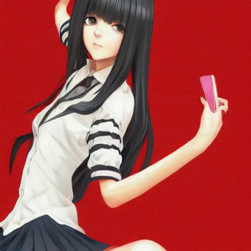 Image similar to luxury advertisement, astonishing portrait of a very beautiful anime schoolgirl with black bob hair, full perfect face, she is dancing. Realistic, highly detailed background, artstation, 120 degree view, drawn by Sasoura, Satchely and Akihiko Yoshida, no distortion