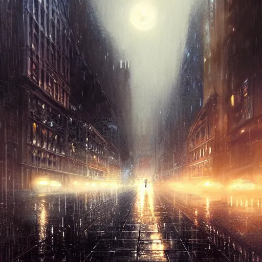 Image similar to nighttime in gotham city, wet pavement, looking upwards, light mist, fantasy, intricate, elegant, digital painting, trending on artstation, concept art, soft focus, illustration by greg rutkowski, Gaston Bussiere and artgerm, 4k.