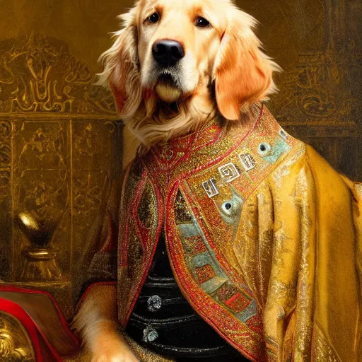 Prompt: portrait painting of noble king golden retriever, sit on throne, proud look, dressed like ancient king, wearing crown, dramatic lighting, epic painting, rembrandt van rijn