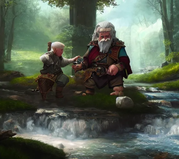 Prompt: fantasy halfling dice gambling with a white haired dwarf next to a shallow creek, oil painting, greg rutkowski, highly detailed, colorful, unreal engine, octane render, dramatic lighting, cinematic composition,