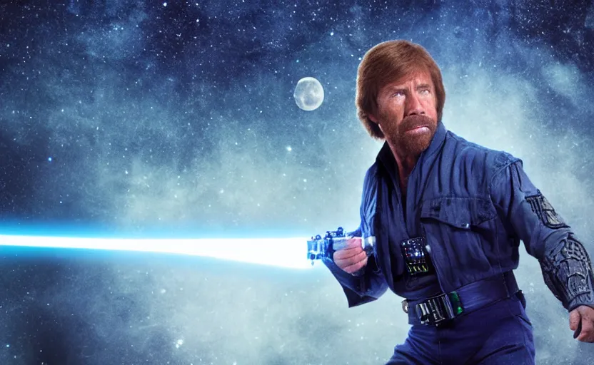 Prompt: chuck norris as a jedi with a blue lightsaber in an ancient bioluminescent forest, perfect symmetrical face, full moon, moody lighting, 8 k, shallow depth of field, intricate detail,