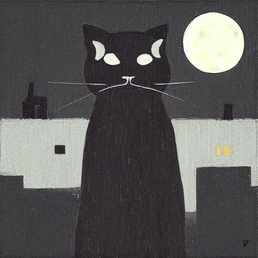 Image similar to “A black cat on top of a building at night with a full moon in the style of Vincent Van Vogh”