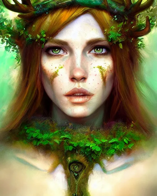 Image similar to female druid, perfect face, thin antlers, green tunic, ginger hair, cinematic, freckles, stunning, highly detailed, psychedelic, digital painting, artstation, smooth, hard focus, illustration, art by jessica rossier and and brian froud