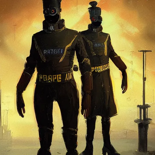 Image similar to pale, rubbery mutant with determined expression, sharp features, moist skin and wide black eyes wearing fascist Napoleonic Tang Dynasty police uniform standing on cyberpunk docks, science fiction concept art by Greg Rutkowski and Anato Finnstark