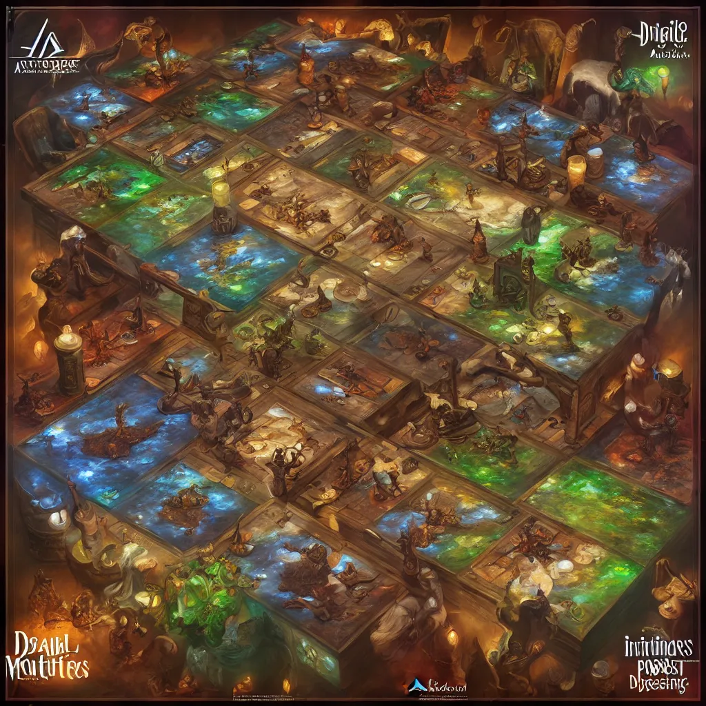 Prompt: a beautiful tabletop game board, board with several spaces to move, realistic painting, intrincated, very detailed, fantasy, dnd, character design, trending on artstation, top view, 7 wonders duel style