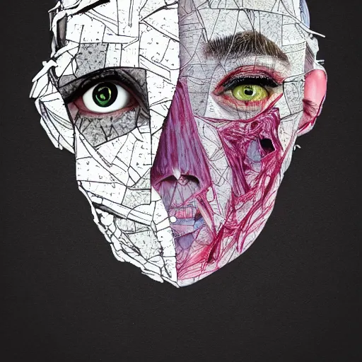 Image similar to face shredded like paper peeling, dark, surreal, illustration, by ally burke