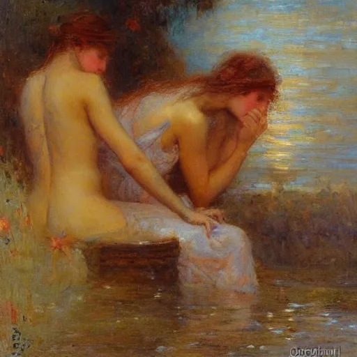 Prompt: Gaston Bussiere painting of tired and battered water nymphs looking up and observing the first rays of sunlight during dawnbreak, dramatic painting, dark, scary, hopeful