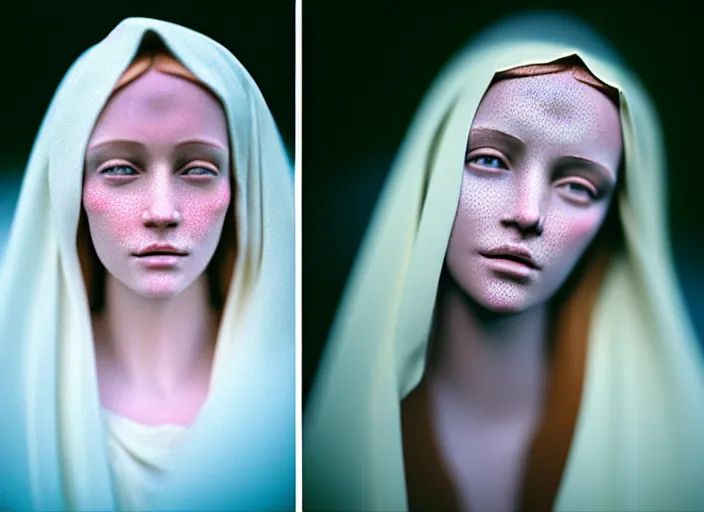 Prompt: kodak portra 4 0 0, 8 k, soft light, volumetric lighting, highly detailed, britt marling style 3 / 4, haunting portrait photo of the virgin mary, highly detailed face, inspired by ophelia paint, glowing halo, of light, realistic, refined, beautifully detailed, natural outdoor soft pastel lighting colors scheme, outdoor fine art photography, hyper realistic, photo realistic