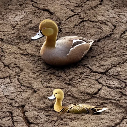 Prompt: dry mud. with duck. realistic photo. masterpiece. dirt.
