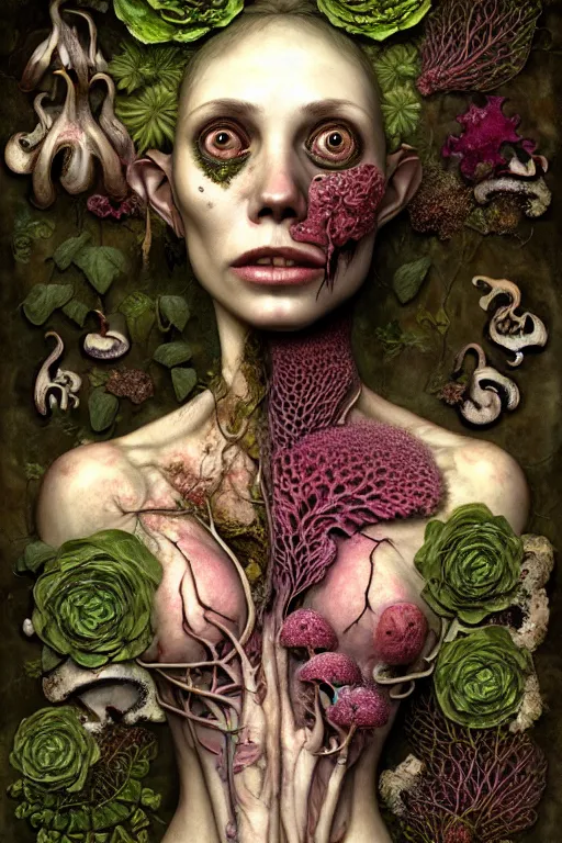 Image similar to sad and detailed rotten woman corpse with fractal plants and fractal flowers and mushrooms growing around, face muscles, veins, arteries, intricate, ornate, surreal, ray caesar, john constable, guy denning, dan hillier