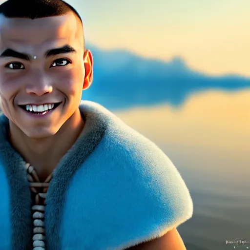 Image similar to beautiful serene intricate photograph of sokka from the water tribe as an inuit young man with light blue eyes, smiling confidently, relaxing on the beach, golden hour, soft focus, 8 k, art by irakli nadar, hyperrealism, hyperdetailed, ultra realistic