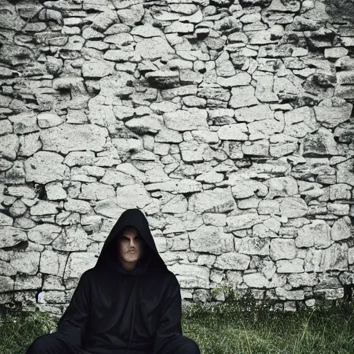 Prompt: black hooded trench coat man sitting on the edge of a castle, gothic, raining, 4k resolution