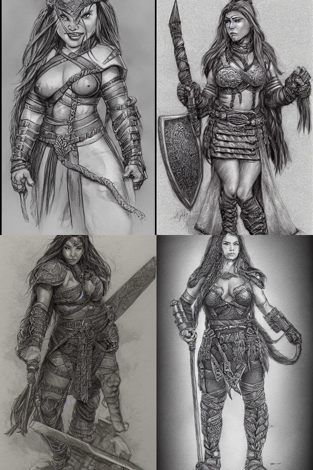 Prompt: female dwarven warrior with braided hair | pencil sketch | hyperdetailed | larry elmore | waist-up |