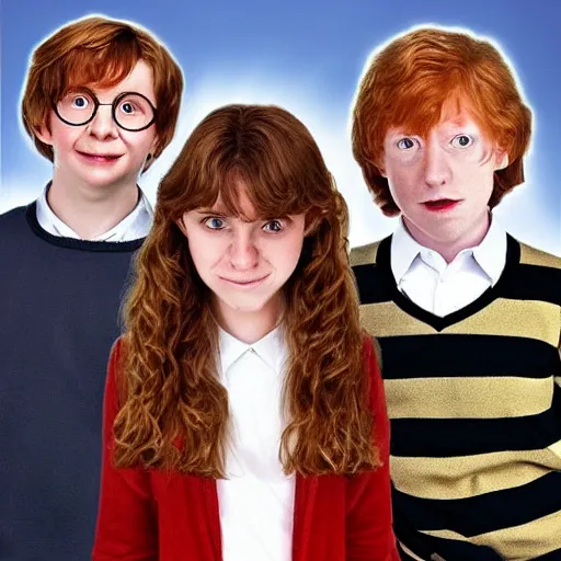 Image similar to Harry Potter, Hermione Granger and Ron Weasley, in Minecraft