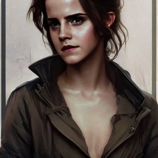 Prompt: emma watson dressed as a bladerunner, sci fi, intricate, elegant, highly detailed, digital painting, artstation, concept art, matte, sharp focus, illustration, art by greg rutkowski and alphonse mucha