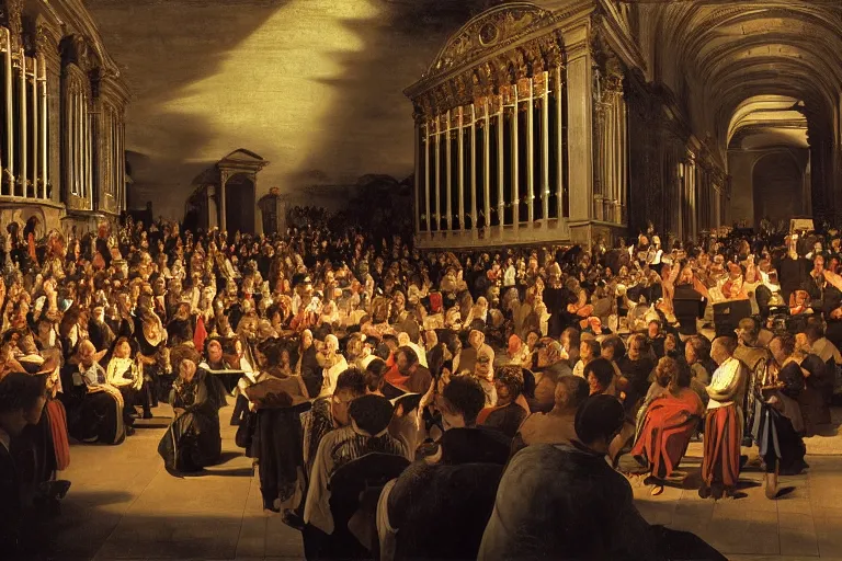 Image similar to medium size crowd listens to a hermeneutic pipe organ concert in a vast basilica, matte painting, scenic full shot, ambient lighting, detailed baroque oil painting by caravaggio and goya